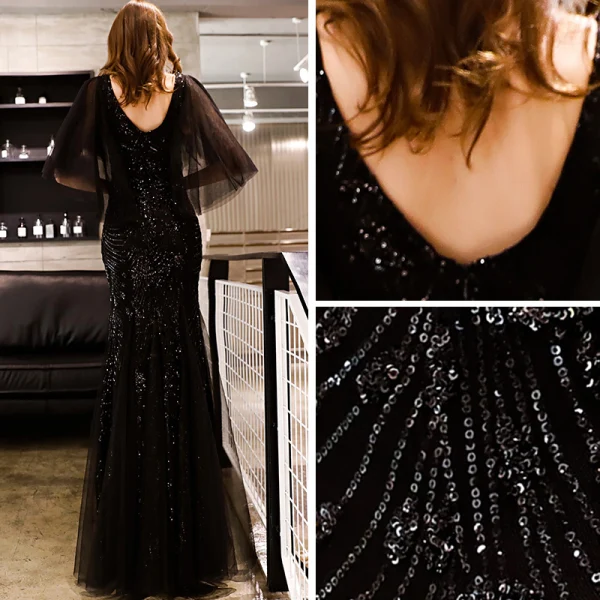 Elegant Black Evening Dresses  2019 Trumpet / Mermaid V-Neck 1/2 Sleeves Glitter Sequins Floor-Length / Long Backless Formal Dresses