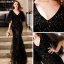 Elegant Black Evening Dresses  2019 Trumpet / Mermaid V-Neck 1/2 Sleeves Glitter Sequins Floor-Length / Long Backless Formal Dresses