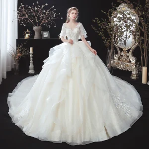 Victorian Style Ivory See Through Bridal Wedding Dresses 2020 V Neck Ball Gown Puffy 1 2 Sleeves Backless Appliques Lace Beading Cathedral Train Ruffle