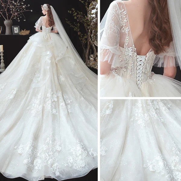 Style Victorien Ivoire Transparentes La Mariée Robe De Mariée 2020 V-Cou Robe Boule Gonflée 1/2 Manches Dos Nu Appliques En Dentelle Perlage Cathedral Train Volants