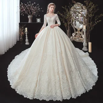Classic Champagne See Through Bridal Wedding Dresses 2020 Ball Gown Scoop Neck 3 4 Sleeve Backless Appliques Lace Beading Cathedral Train Ruffle