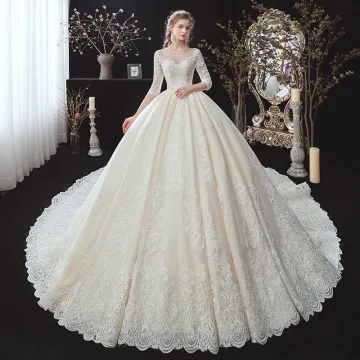 Classic Champagne See Through Bridal Wedding Dresses 2020 Ball Gown Scoop Neck 3 4 Sleeve Backless Appliques Lace Beading Cathedral Train Ruffle