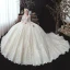Classic Champagne See-through Bridal Wedding Dresses 2020 Ball Gown Scoop Neck 3/4 Sleeve Backless Appliques Lace Beading Cathedral Train Ruffle
