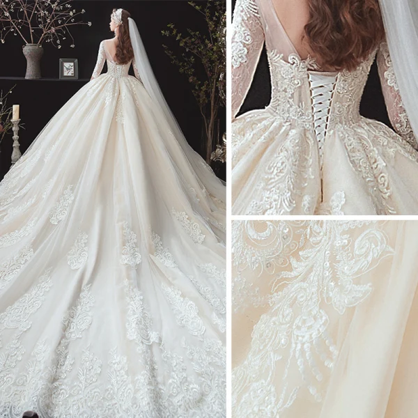 Classic Champagne See-through Bridal Wedding Dresses 2020 Ball Gown Scoop Neck 3/4 Sleeve Backless Appliques Lace Beading Cathedral Train Ruffle