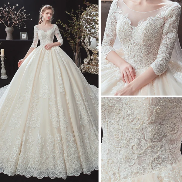Classic Champagne See-through Bridal Wedding Dresses 2020 Ball Gown Scoop Neck 3/4 Sleeve Backless Appliques Lace Beading Cathedral Train Ruffle