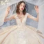 Romantisch Champagne Bruids Trouwjurken 2020 Baljurk Doorzichtige Diepe v-hals 1/2 Mouwen Ruglooze Bloem Appliques Kant Kralen Royal Train Ruche