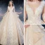 Romantisch Champagne Bruids Trouwjurken 2020 Baljurk Doorzichtige Diepe v-hals 1/2 Mouwen Ruglooze Bloem Appliques Kant Kralen Royal Train Ruche