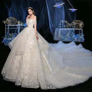 Chic Belle Champagne La Mariée Robe De Mariée 2020 Princesse De L 039 Épaule Manches Courtes Dos Nu Glitter Tulle Perlage Gland Royal Train Volants