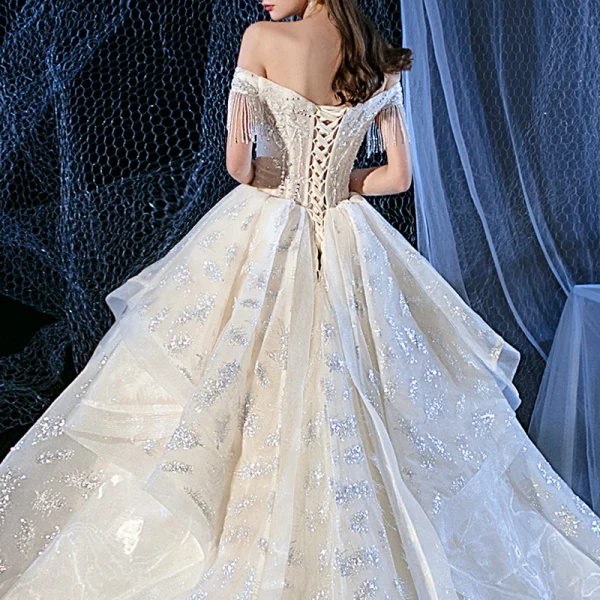 Chic / Beautiful Champagne Bridal Wedding Dresses 2020 A-Line / Princess Off-The-Shoulder Short Sleeve Backless Glitter Tulle Beading Tassel Royal Train Ruffle