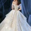 Chic / Beautiful Champagne Bridal Wedding Dresses 2020 A-Line / Princess Off-The-Shoulder Short Sleeve Backless Glitter Tulle Beading Tassel Royal Train Ruffle