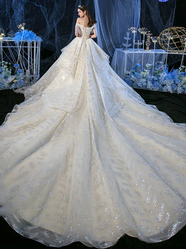 Chic / Beautiful Champagne Bridal Wedding Dresses 2020 A-Line / Princess Off-The-Shoulder Short Sleeve Backless Glitter Tulle Beading Tassel Royal Train Ruffle