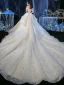 Chic / Beautiful Champagne Bridal Wedding Dresses 2020 A-Line / Princess Off-The-Shoulder Short Sleeve Backless Glitter Tulle Beading Tassel Royal Train Ruffle