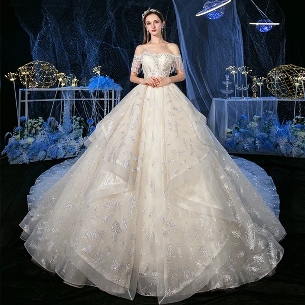 Chic / Beautiful Champagne Bridal Wedding Dresses 2020 A-Line / Princess Off-The-Shoulder Short Sleeve Backless Glitter Tulle Beading Tassel Royal Train Ruffle