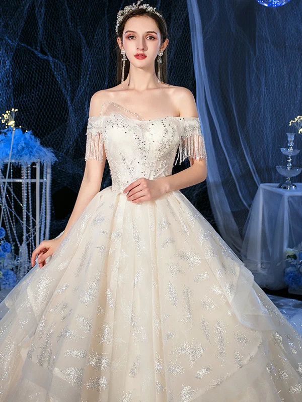 Chic / Beautiful Champagne Bridal Wedding Dresses 2020 A-Line / Princess Off-The-Shoulder Short Sleeve Backless Glitter Tulle Beading Tassel Royal Train Ruffle