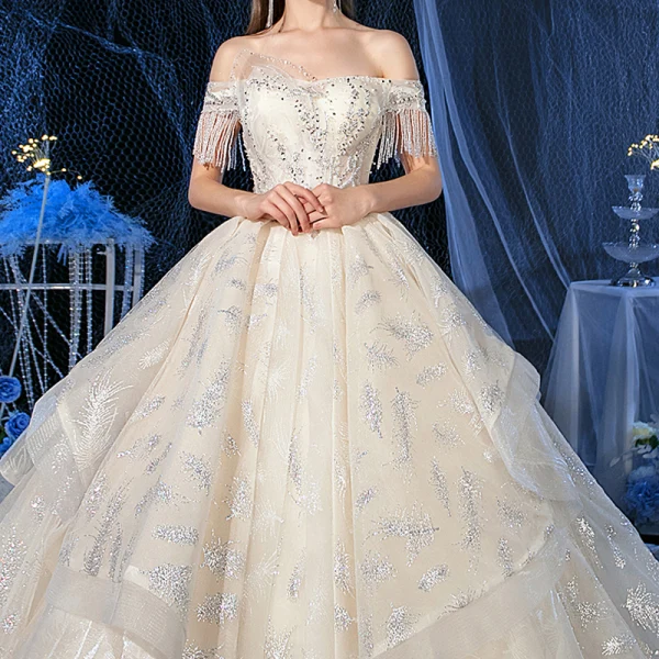 Chic / Beautiful Champagne Bridal Wedding Dresses 2020 A-Line / Princess Off-The-Shoulder Short Sleeve Backless Glitter Tulle Beading Tassel Royal Train Ruffle