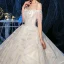 Chic / Beautiful Champagne Bridal Wedding Dresses 2020 A-Line / Princess Off-The-Shoulder Short Sleeve Backless Glitter Tulle Beading Tassel Royal Train Ruffle