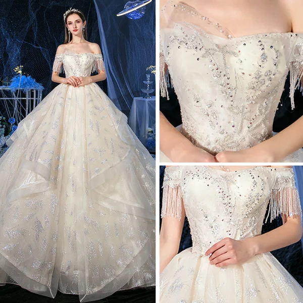 Chic / Beautiful Champagne Bridal Wedding Dresses 2020 A-Line / Princess Off-The-Shoulder Short Sleeve Backless Glitter Tulle Beading Tassel Royal Train Ruffle