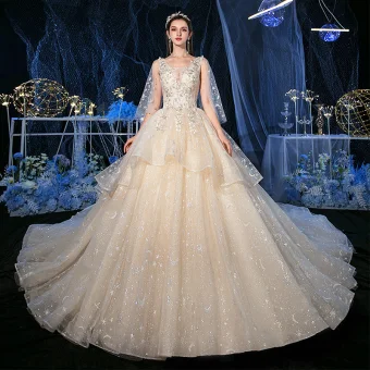 Romantic Champagne Glitter Star Tulle Wedding Dresses With Shawl 2020 Ball Gown See Through Deep V Neck Sleeveless Backless Appliques Lace Beading Cathedral Train Ruffle