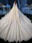 Romantique Champagne Glitter Étoile Tulle Robe De Mariée Avec Châle 2020 Robe Boule Transparentes Col v profond Sans Manches Dos Nu Appliques En Dentelle Perlage Cathedral Train Volants