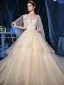 Romantique Champagne Glitter Étoile Tulle Robe De Mariée Avec Châle 2020 Robe Boule Transparentes Col v profond Sans Manches Dos Nu Appliques En Dentelle Perlage Cathedral Train Volants