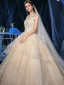 Romantique Champagne Glitter Étoile Tulle Robe De Mariée Avec Châle 2020 Robe Boule Transparentes Col v profond Sans Manches Dos Nu Appliques En Dentelle Perlage Cathedral Train Volants