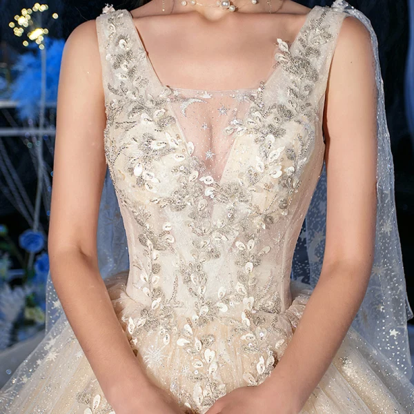 Romantique Champagne Glitter Étoile Tulle Robe De Mariée Avec Châle 2020 Robe Boule Transparentes Col v profond Sans Manches Dos Nu Appliques En Dentelle Perlage Cathedral Train Volants