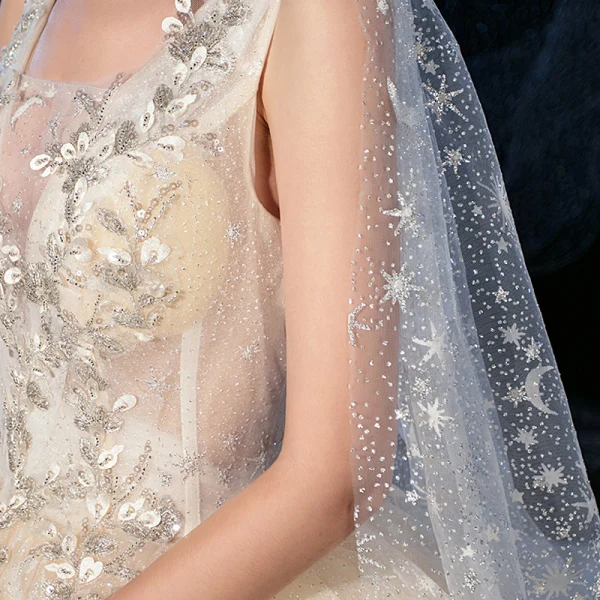 Romantique Champagne Glitter Étoile Tulle Robe De Mariée Avec Châle 2020 Robe Boule Transparentes Col v profond Sans Manches Dos Nu Appliques En Dentelle Perlage Cathedral Train Volants