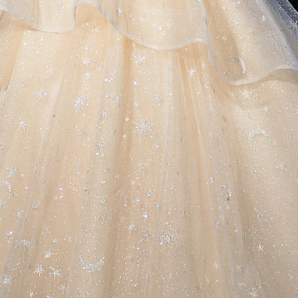 Romantique Champagne Glitter Étoile Tulle Robe De Mariée Avec Châle 2020 Robe Boule Transparentes Col v profond Sans Manches Dos Nu Appliques En Dentelle Perlage Cathedral Train Volants
