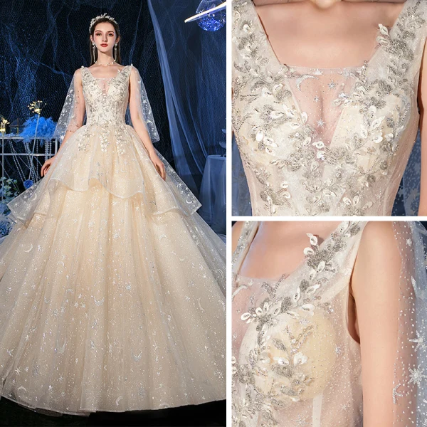 Romantique Champagne Glitter Étoile Tulle Robe De Mariée Avec Châle 2020 Robe Boule Transparentes Col v profond Sans Manches Dos Nu Appliques En Dentelle Perlage Cathedral Train Volants