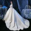 Modest / Simple Ivory Satin Bridal Wedding Dresses 2020 Ball Gown Off-The-Shoulder Short Sleeve Backless Chapel Train Ruffle