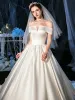 Modest / Simple Ivory Satin Bridal Wedding Dresses 2020 Ball Gown Off-The-Shoulder Short Sleeve Backless Chapel Train Ruffle