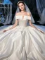 Modest / Simple Ivory Satin Bridal Wedding Dresses 2020 Ball Gown Off-The-Shoulder Short Sleeve Backless Chapel Train Ruffle
