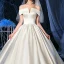 Modest / Simple Ivory Satin Bridal Wedding Dresses 2020 Ball Gown Off-The-Shoulder Short Sleeve Backless Chapel Train Ruffle