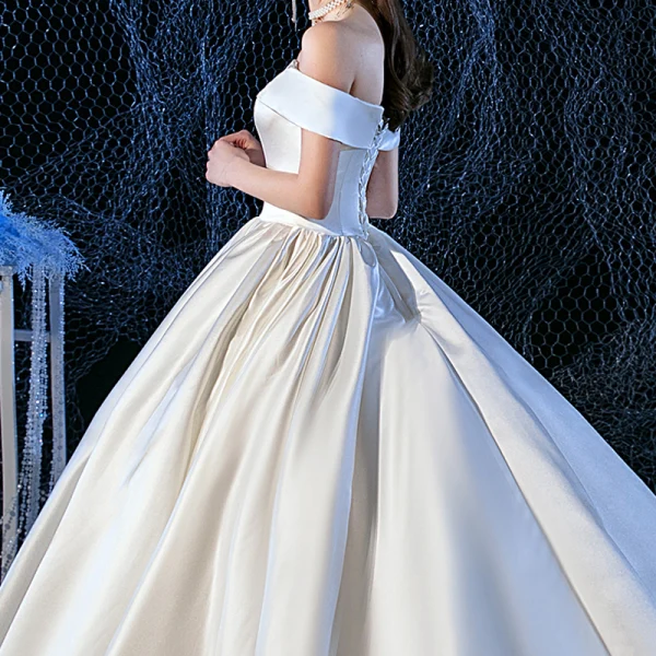 Modest / Simple Ivory Satin Bridal Wedding Dresses 2020 Ball Gown Off-The-Shoulder Short Sleeve Backless Chapel Train Ruffle