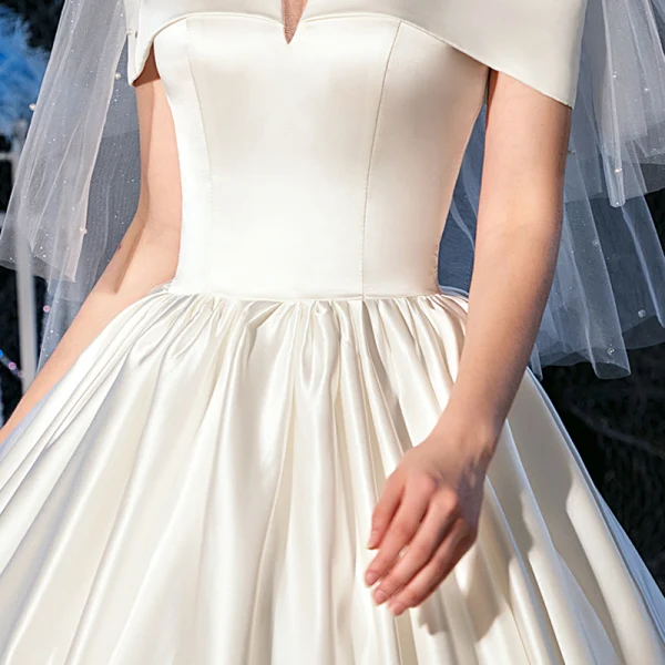 Modest / Simple Ivory Satin Bridal Wedding Dresses 2020 Ball Gown Off-The-Shoulder Short Sleeve Backless Chapel Train Ruffle