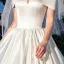 Modest / Simple Ivory Satin Bridal Wedding Dresses 2020 Ball Gown Off-The-Shoulder Short Sleeve Backless Chapel Train Ruffle