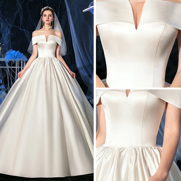 Modest / Simple Ivory Satin Bridal Wedding Dresses 2020 Ball Gown Off-The-Shoulder Short Sleeve Backless Chapel Train Ruffle