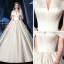 Modest / Simple Ivory Satin Bridal Wedding Dresses 2020 Ball Gown Off-The-Shoulder Short Sleeve Backless Chapel Train Ruffle
