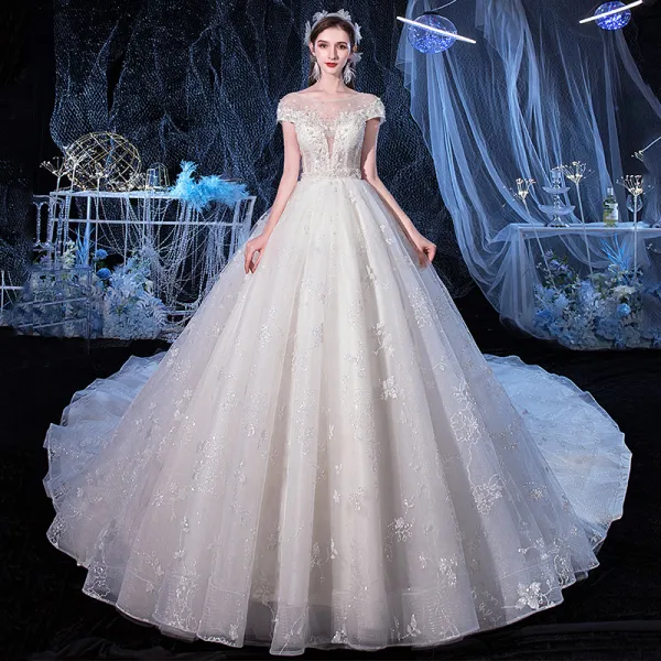 Illusion Ivory See-through Bridal Wedding Dresses 2020 A-Line / Princess Scoop Neck Short Sleeve Backless Glitter Tulle Appliques Flower Beading Cathedral Train Ruffle
