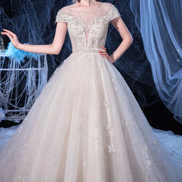 Illusion Ivoire Transparentes La Mariée Robe De Mariée 2020 Princesse Encolure Dégagée Manches Courtes Dos Nu Glitter Tulle Appliques Fleur Perlage Cathedral Train Volants