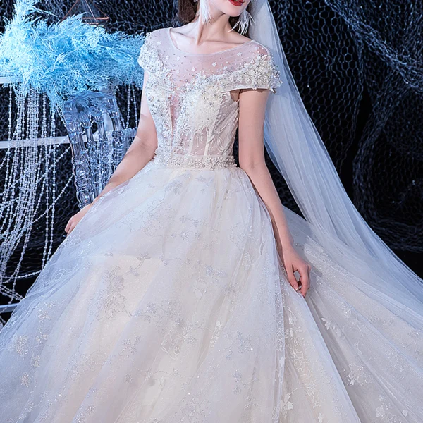 Illusion Ivoire Transparentes La Mariée Robe De Mariée 2020 Princesse Encolure Dégagée Manches Courtes Dos Nu Glitter Tulle Appliques Fleur Perlage Cathedral Train Volants