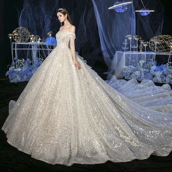 Sparkly Champagne Bridal Wedding Dresses 2020 Ball Gown Off The Shoulder Short Sleeve Backless Appliques Flower Sequins Beading Cathedral Train Ruffle