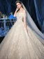 Sparkly Champagne Bridal Wedding Dresses 2020 Ball Gown Off-The-Shoulder Short Sleeve Backless Appliques Flower Sequins Beading Cathedral Train Ruffle