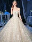 Sparkly Champagne Bridal Wedding Dresses 2020 Ball Gown Off-The-Shoulder Short Sleeve Backless Appliques Flower Sequins Beading Cathedral Train Ruffle