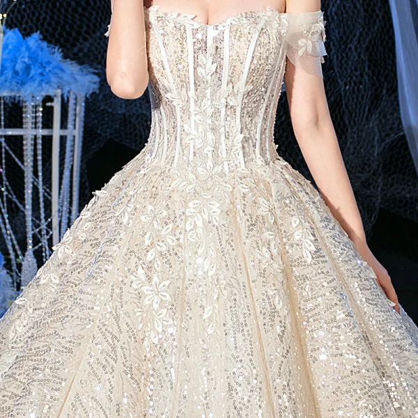 Sparkly Champagne Bridal Wedding Dresses 2020 Ball Gown Off-The-Shoulder Short Sleeve Backless Appliques Flower Sequins Beading Cathedral Train Ruffle