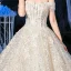 Sparkly Champagne Bridal Wedding Dresses 2020 Ball Gown Off-The-Shoulder Short Sleeve Backless Appliques Flower Sequins Beading Cathedral Train Ruffle