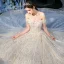 Sparkly Champagne Bridal Wedding Dresses 2020 Ball Gown Off-The-Shoulder Short Sleeve Backless Appliques Flower Sequins Beading Cathedral Train Ruffle