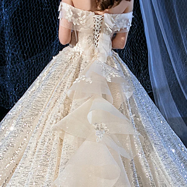 Sparkly Champagne Bridal Wedding Dresses 2020 Ball Gown Off-The-Shoulder Short Sleeve Backless Appliques Flower Sequins Beading Cathedral Train Ruffle