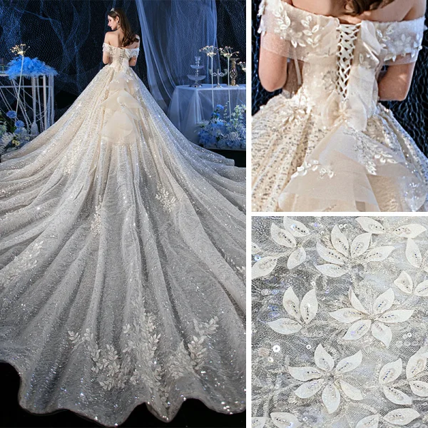 Sparkly Champagne Bridal Wedding Dresses 2020 Ball Gown Off-The-Shoulder Short Sleeve Backless Appliques Flower Sequins Beading Cathedral Train Ruffle