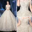 Sparkly Champagne Bridal Wedding Dresses 2020 Ball Gown Off-The-Shoulder Short Sleeve Backless Appliques Flower Sequins Beading Cathedral Train Ruffle